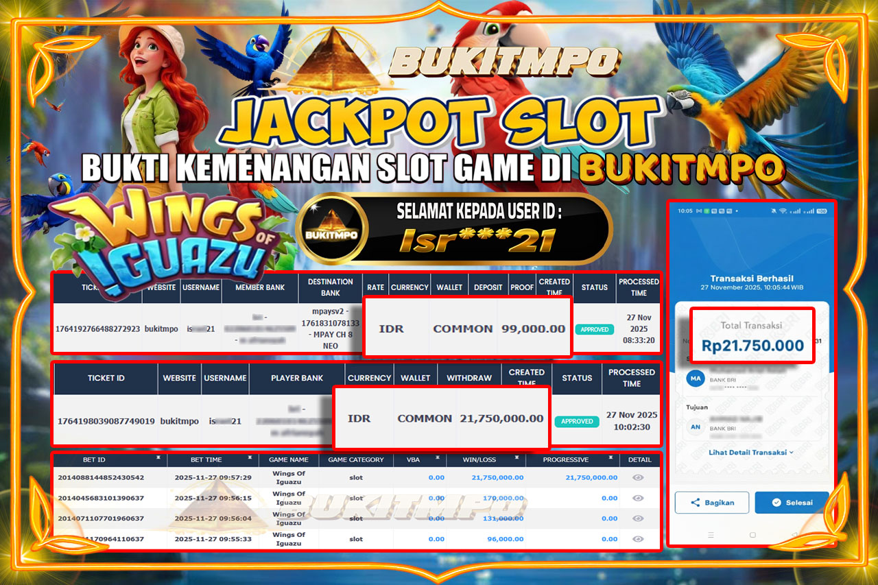 BUKITMPO JACKPOT WINGS OF IGUAZU - PG SOFT Rp.21.750.000,- LUNAS
